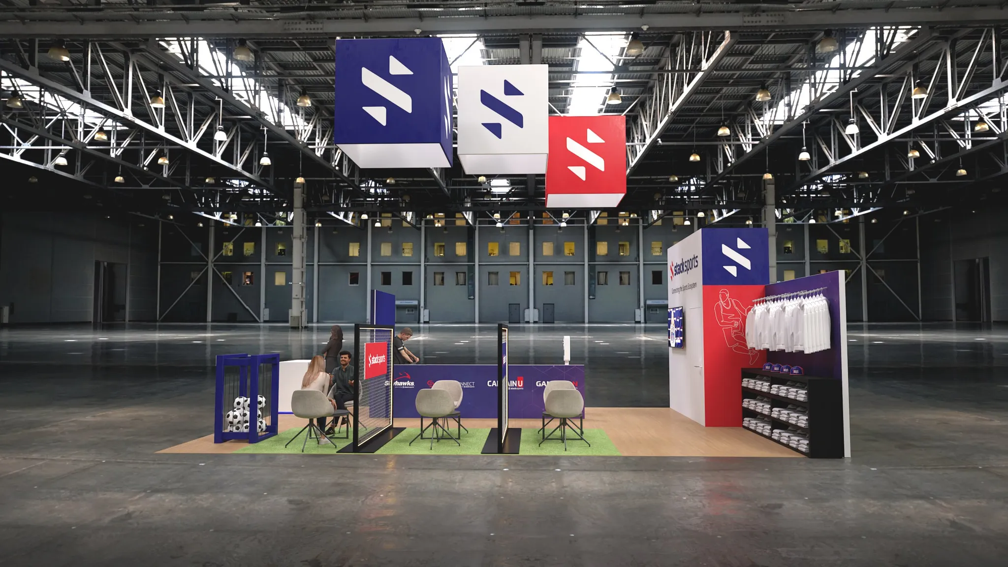20x20 booth with colorful signs and photo booth